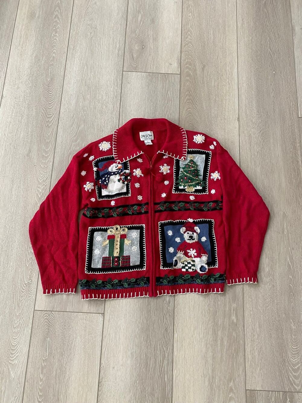 Vintage Carly St. Claire Christmas Applique Cardigan Sweater L